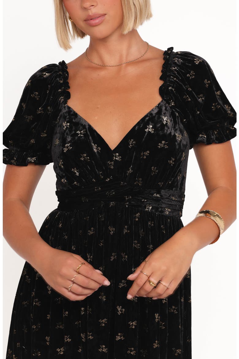 Farryn Floral Velvet Puff Sleeve Midi Dress, Alternate, color, BLACK/ GOLD VELVET