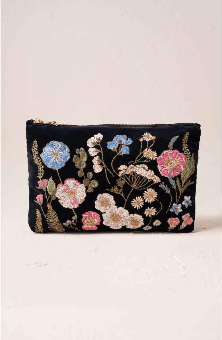 Elizabeth Scarlett Pressed Flowers Velvet Everyday Pouch, Main, color, Charcoal