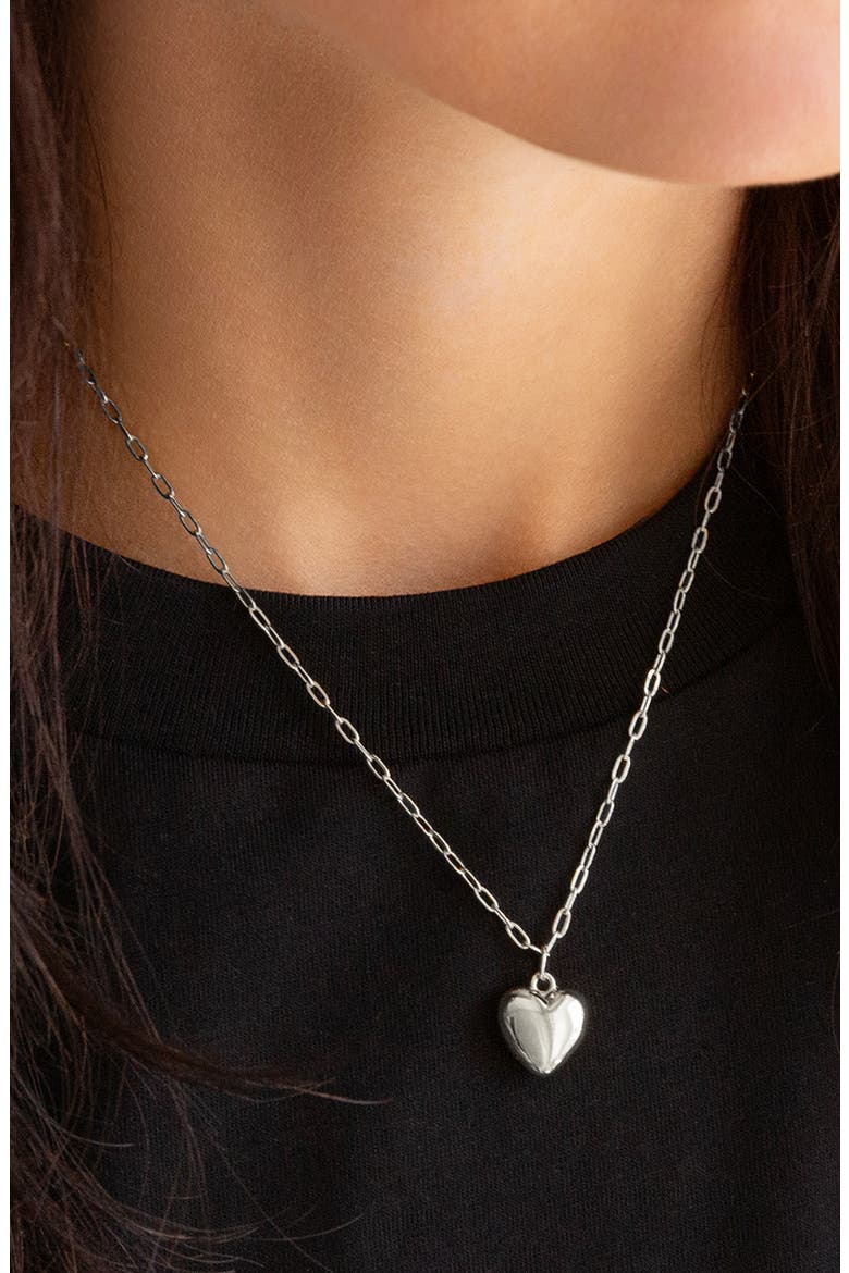 Small Puffy Heart Charm Necklace, Alternate, color, SILVER