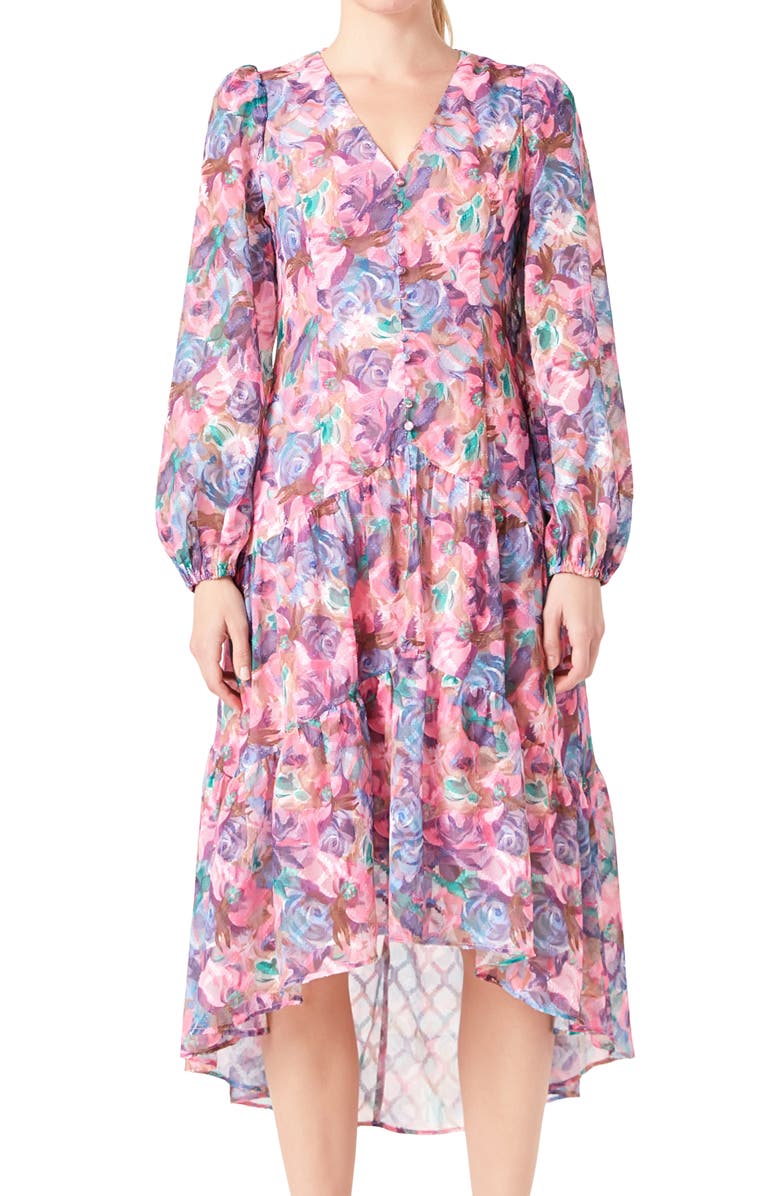 Endless Rose Floral Print Long Sleeve High-Low Dress, Alternate, color, 