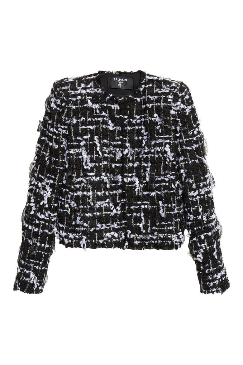 Check Fringe Tweed Crop Jacket, Main, color, EAB BLK/ WHITE