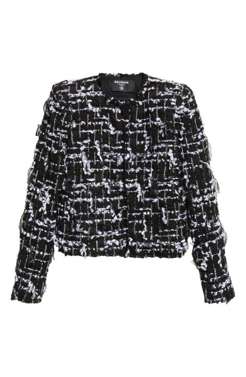 Check Fringe Tweed Crop Jacket