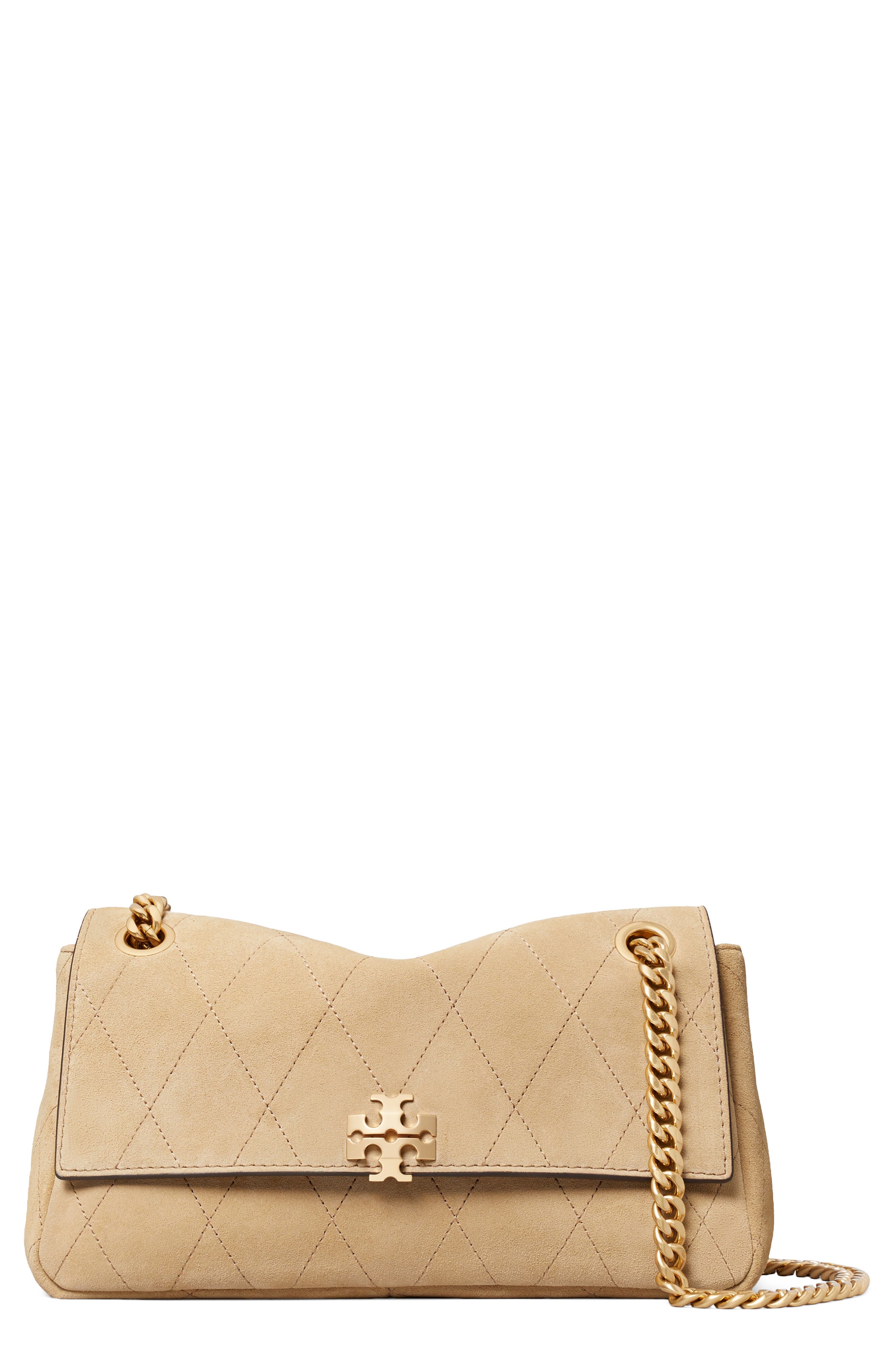 Tory Burch Charlie Quilted Suede Shoulder Bag, Main, color, Stone