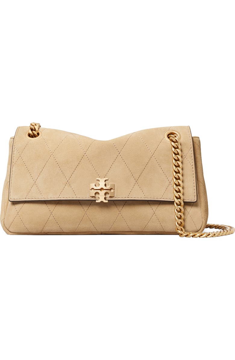 Tory Burch Charlie Quilted Suede Shoulder Bag, Main, color, Stone