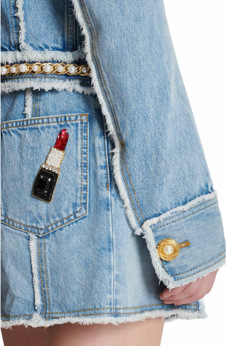 Balmain Denim Jacket With Pearl Trim, Alternate, color, Blue