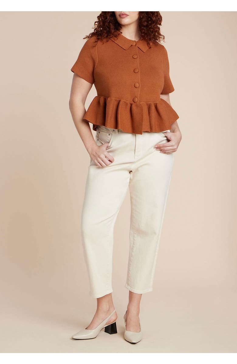 ELOQUII Short Sleeve Cardigan With Peplum, Alternate, color, Rustic Brown