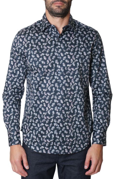 Floral Fan Print Cotton Button-Up Shirt