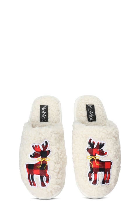 Plaid Reindeer Faux Fur Memory Foam Slipper