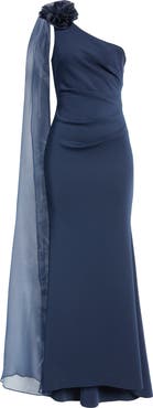Eliza J One Shoulder Jersey Gown with Scarf Detail