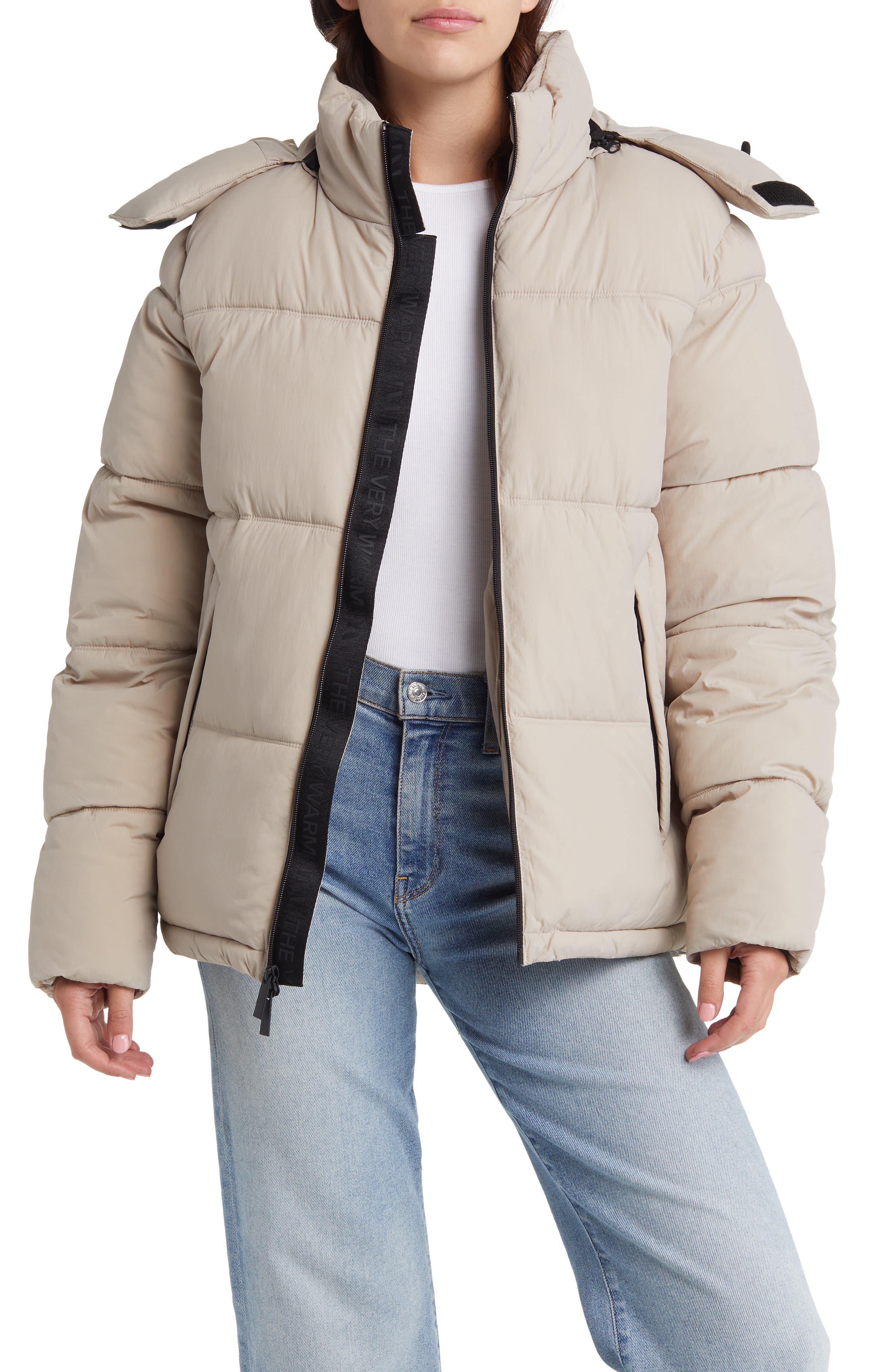 The Very Warm Hooded Water Resistant 500 Fill Power Down Recycled Nylon Puffer Jacket in Latte 