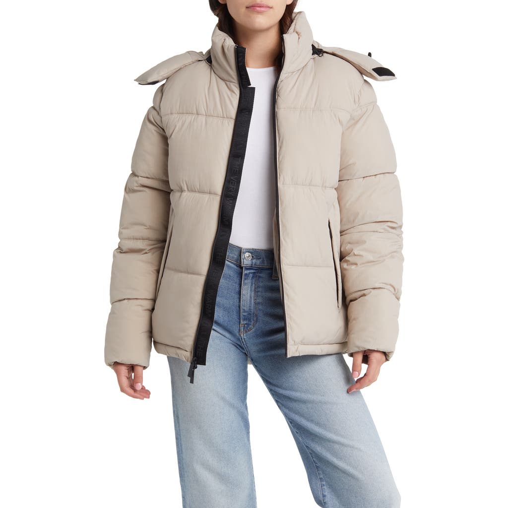 The Very Warm Hooded Water Resistant 500 Fill Power Down Recycled Nylon Puffer Jacket in Latte