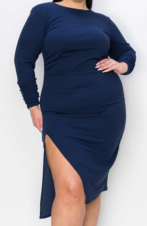 L I V D Bianca Open Back Side Slit Long Sleeve Stretch Dress In Navy