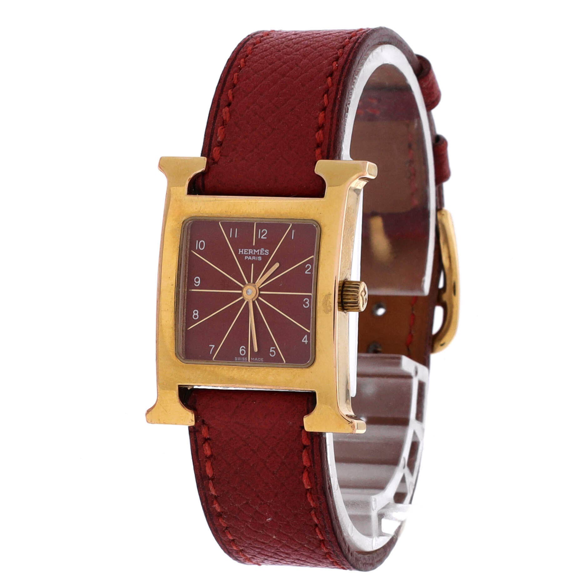 Pre-Owned Hermes Heure H Quartz Watch Plated Metal and Leather 21, Alternate, color, Red