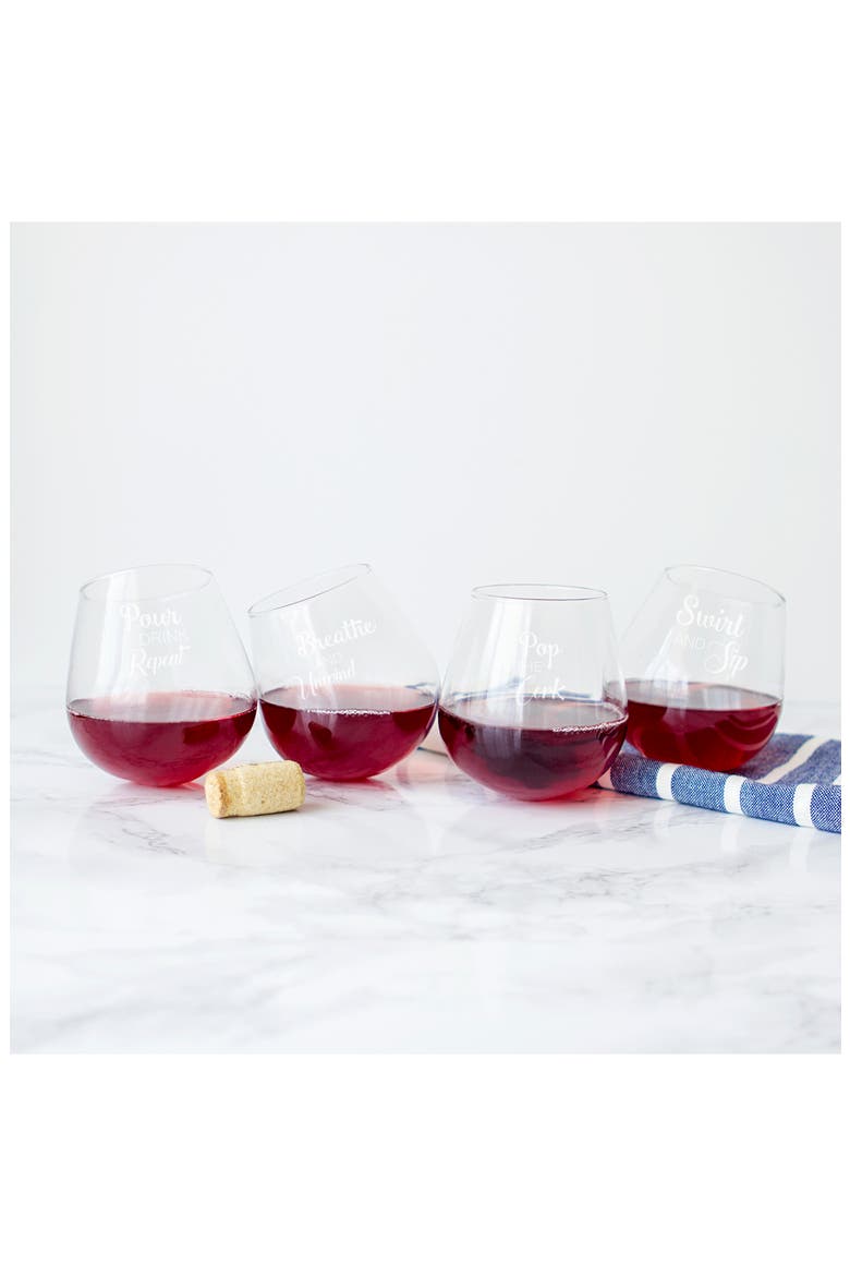 Pop the Cork Tipsy Set of 4 Stemless Wine Glasses, Alternate, color, CLEAR