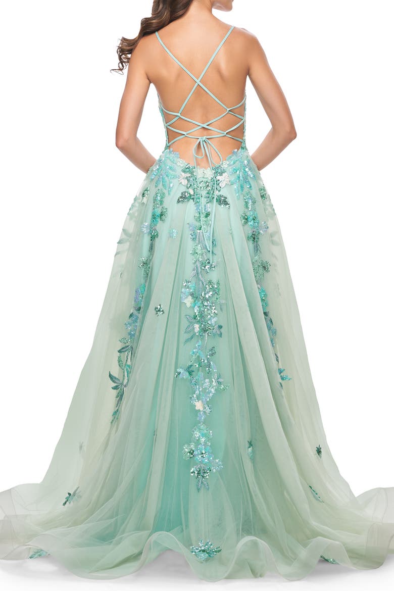 Sequin Floral Lace Applique A-Line Tulle Dress, Alternate, color, Sage
