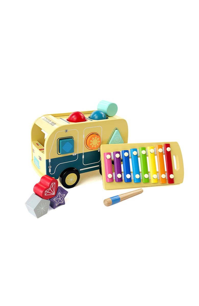 Leo & Friends School Bus Pound and Tap Bus Bench, Wooden Toy Bus with Slide Out Xylophone, Alternate, color, Yellow