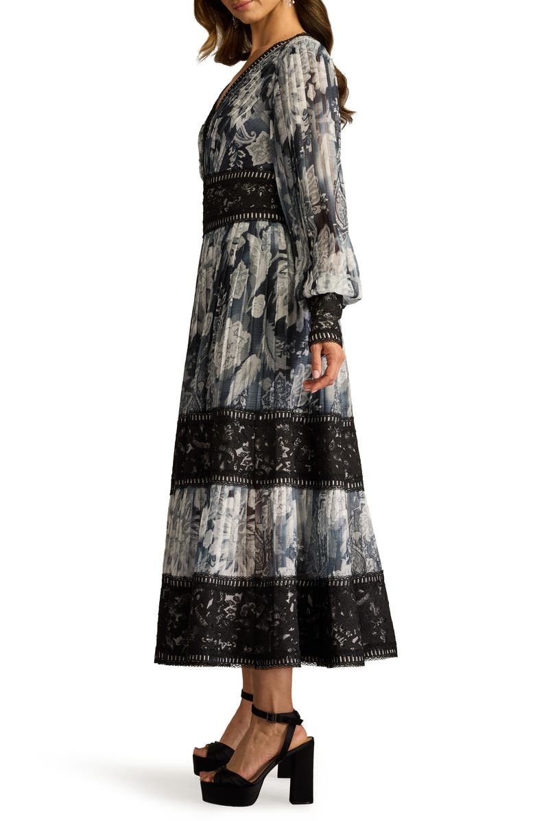 Tadashi Shoji Floral Lace Detail Metallic Thread Long Sleeve Cocktail Midi Dress, Alternate, color, Ivory/ Black