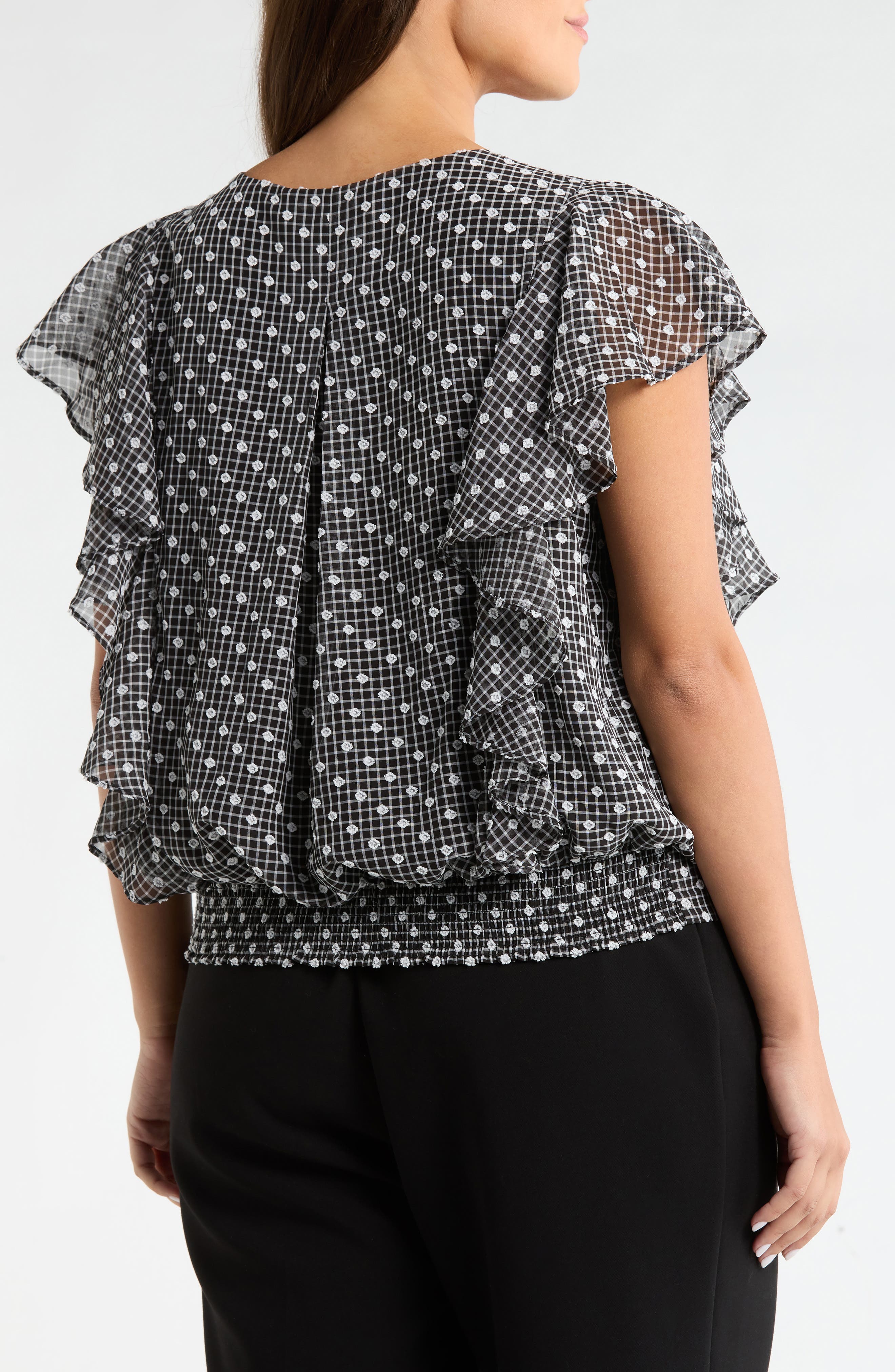 Plaid Swiss Dot Flutter Sleeve Ruffle Top - image 2
