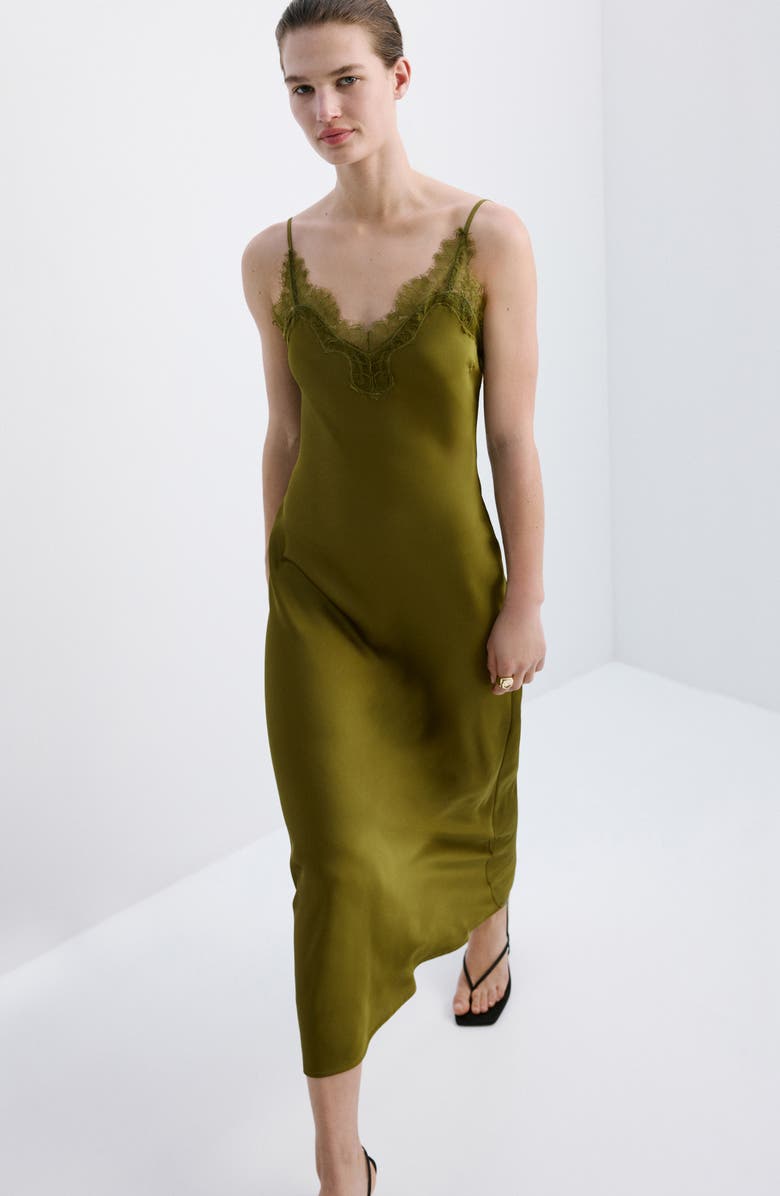 MANGO Lace Trim Satin Midi Slipdress, Alternate, color, Green