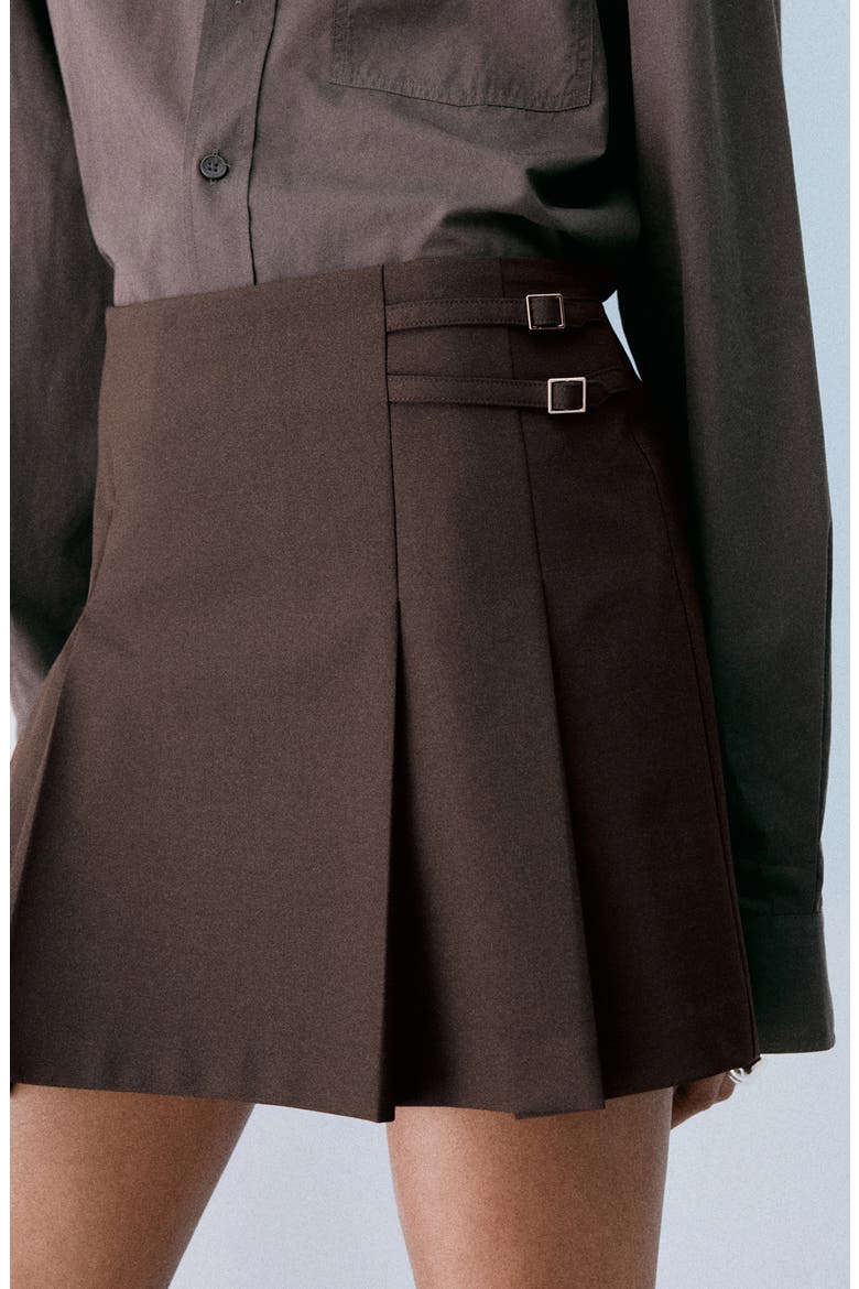 Buckle Detail Pleated Miniskirt, Alternate, color, BROWN