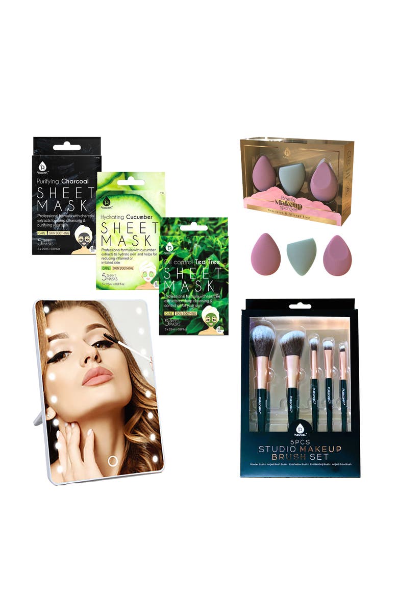 PURSONIC Beauty Essentials Self-Care Bundle - Studio Brush Set, Touchscreen Vanity Mirror, Blenders, and Sheet Masks Collection, Main, color, Multicolor