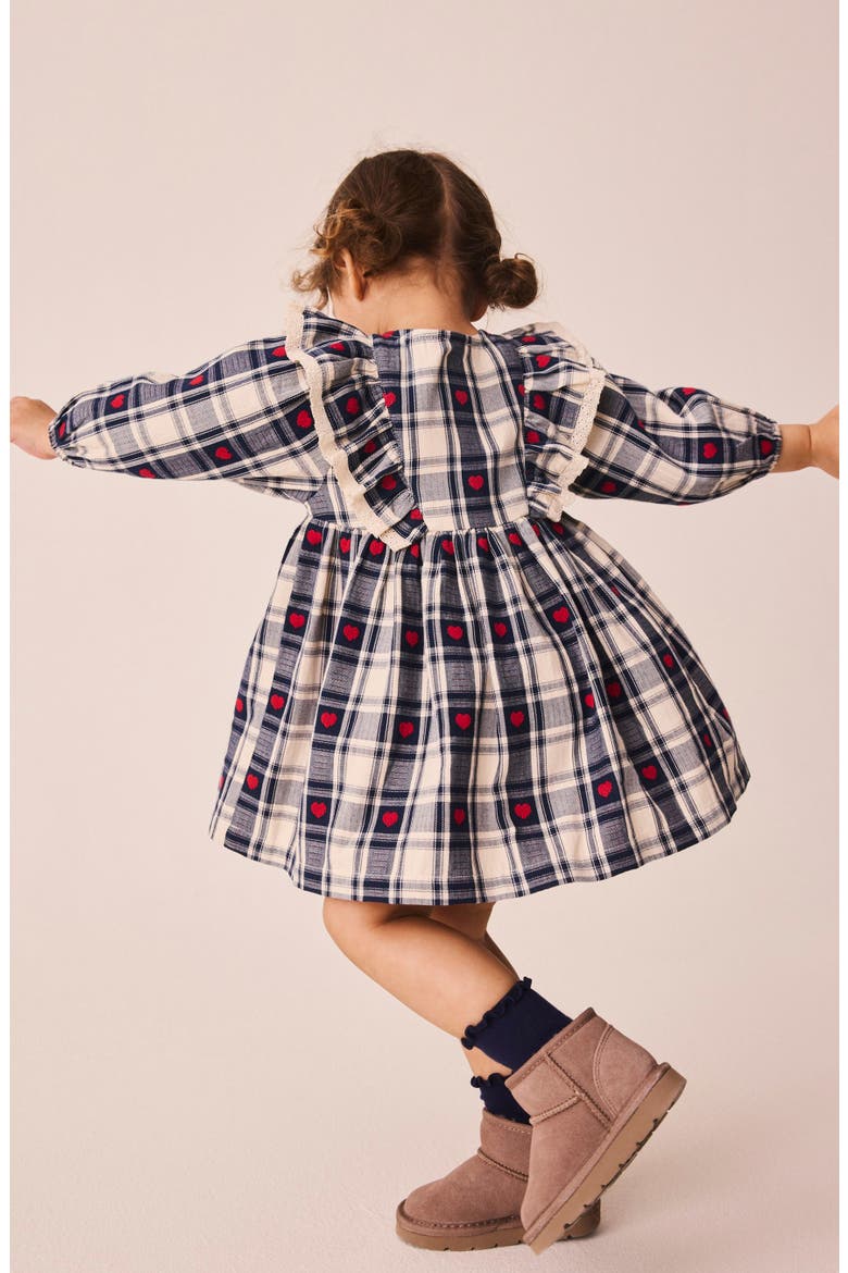 Kids' Embroidered Heart Check Frill Dress, Alternate, color, BLUE