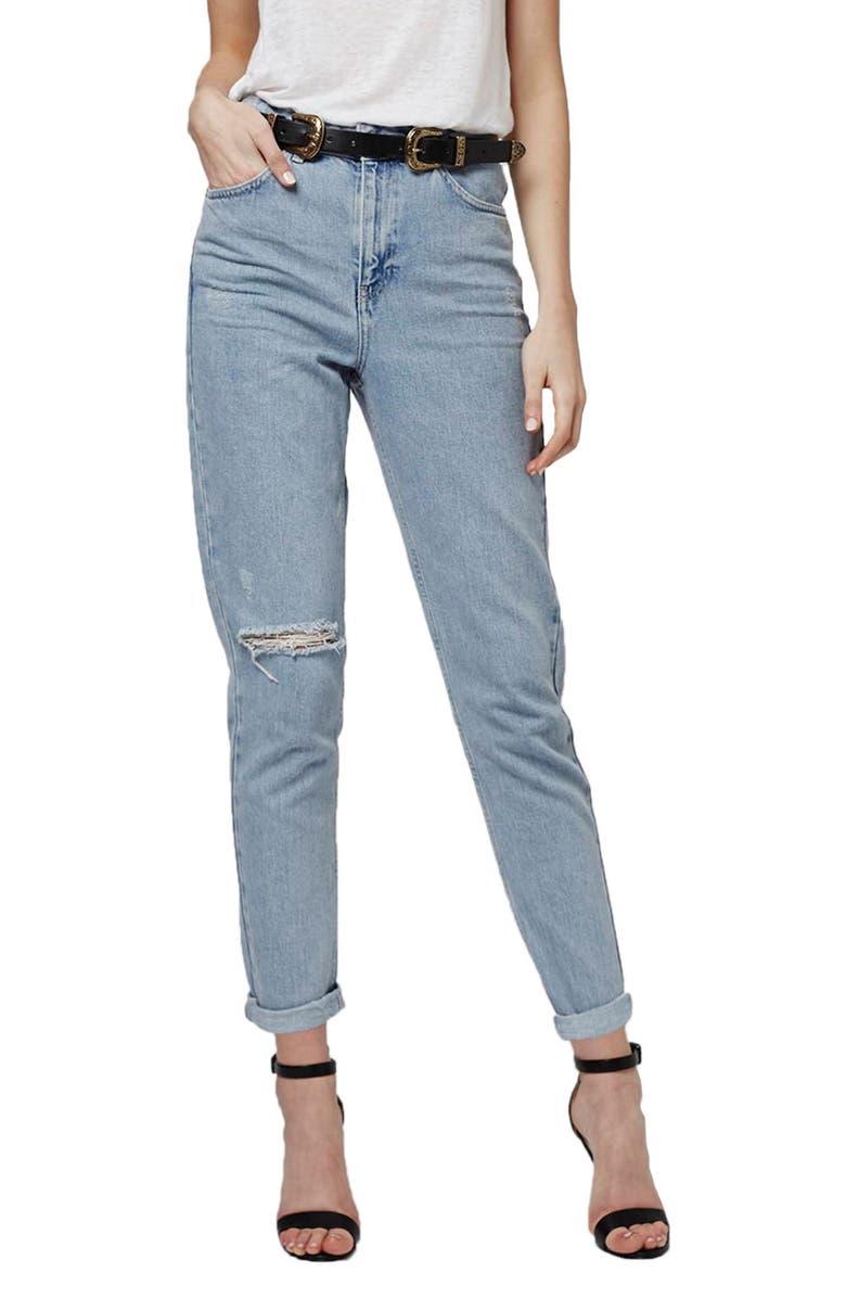 Topshop High Rise Ripped Mom Jeans, Main, color, 