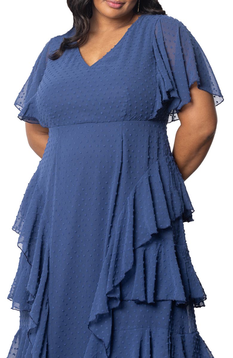 Kiyonna Tour de Flounce Tiered Maxi Dress, Alternate, color, Denim Blue Dot