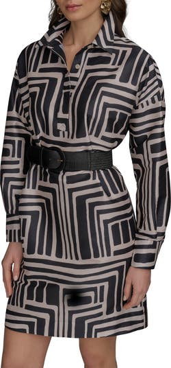 Abstract Print Long Sleeve Belted Shirtdress