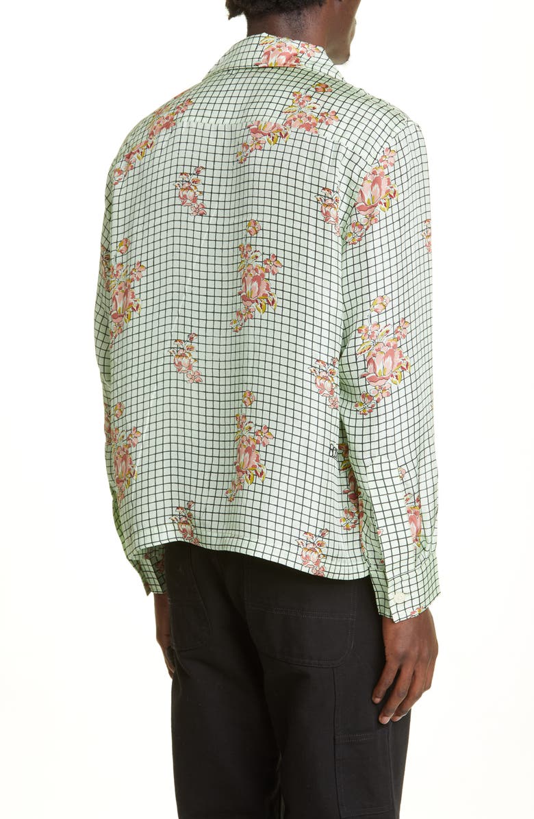 Bode Mint Grid Floral Silk Button-Up Camp Shirt, Alternate, color,