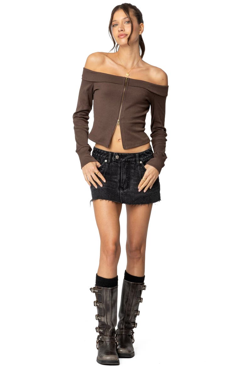 Clarissa Off the Shoulder Long Sleeve Rib Top, Alternate, color, BROWN