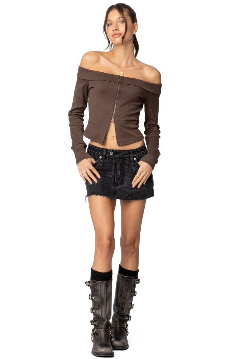 EDIKTED Clarissa Off the Shoulder Long Sleeve Rib Top, Alternate, color, Brown