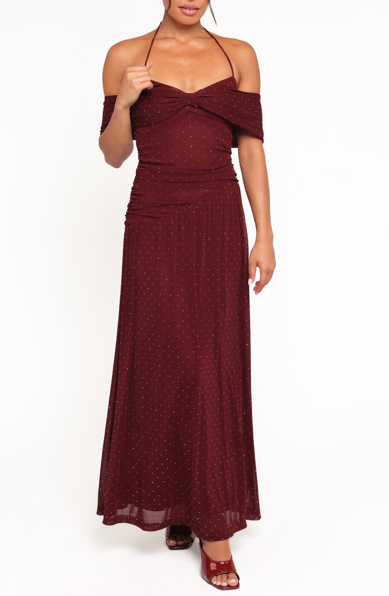 Petal & Pup Mayven Dot Halter Neck Gown, Main, color, Burgundy