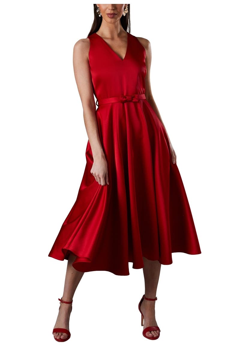 Coast Bow Trim V-Neck Volume Skirt Midi Dress, Alternate, color, Red