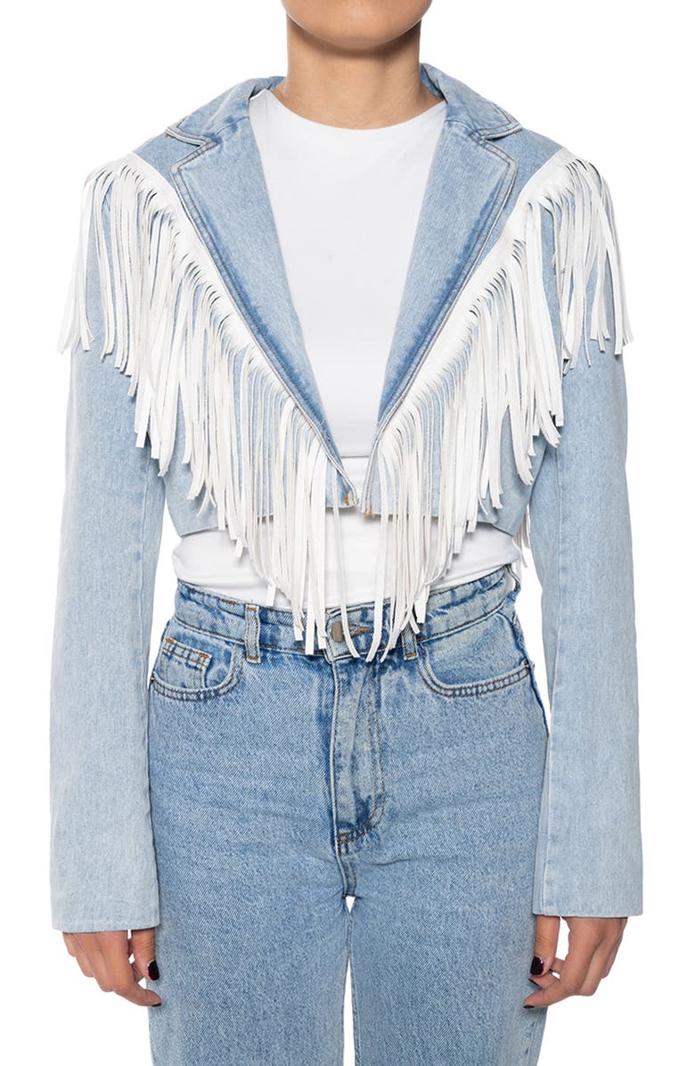 AZALEA WANG Fringe Crop Denim Jacket, Main, color,