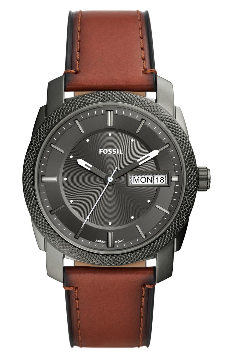 Fossil Machine Leather Strap Watch, 42mm, Main, color, Brown