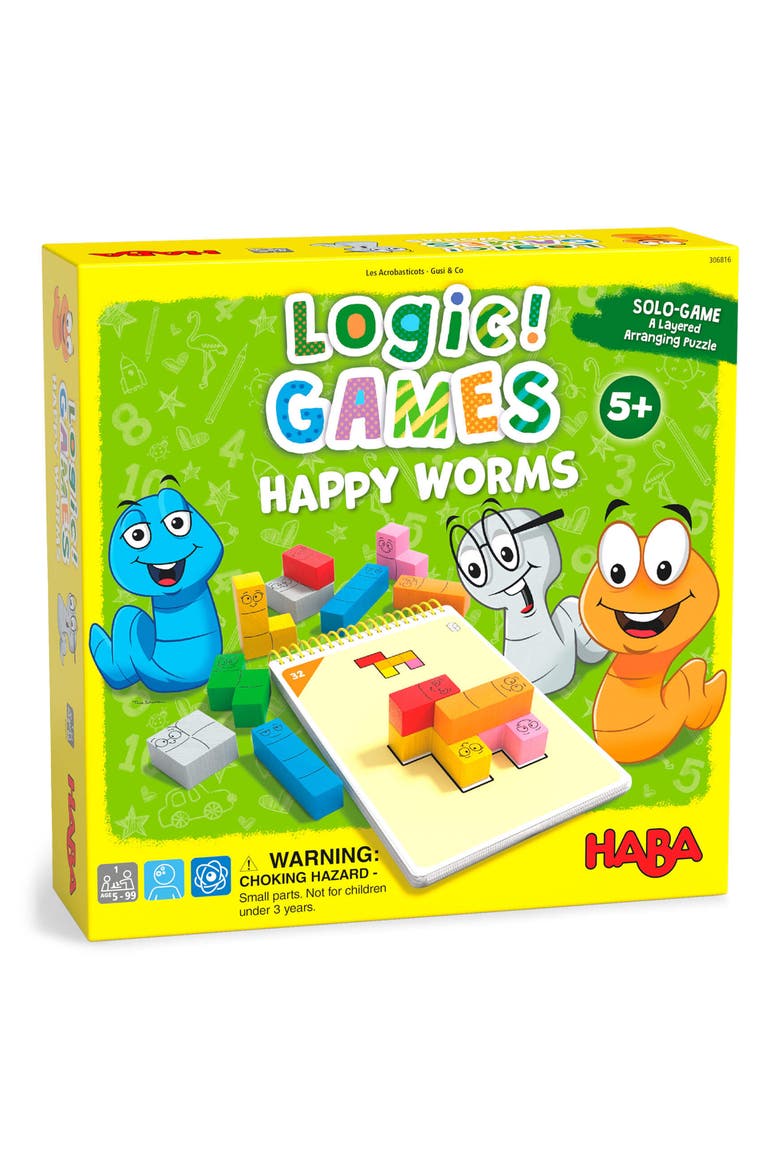 Logic! Games Happy Worms - Children's Board Game for 5+ with 60 Solo Brain Teasers and Puzzle Fun to Develop Fine Motor Skills, Made in Germany, Main, color, GREEN MULTI