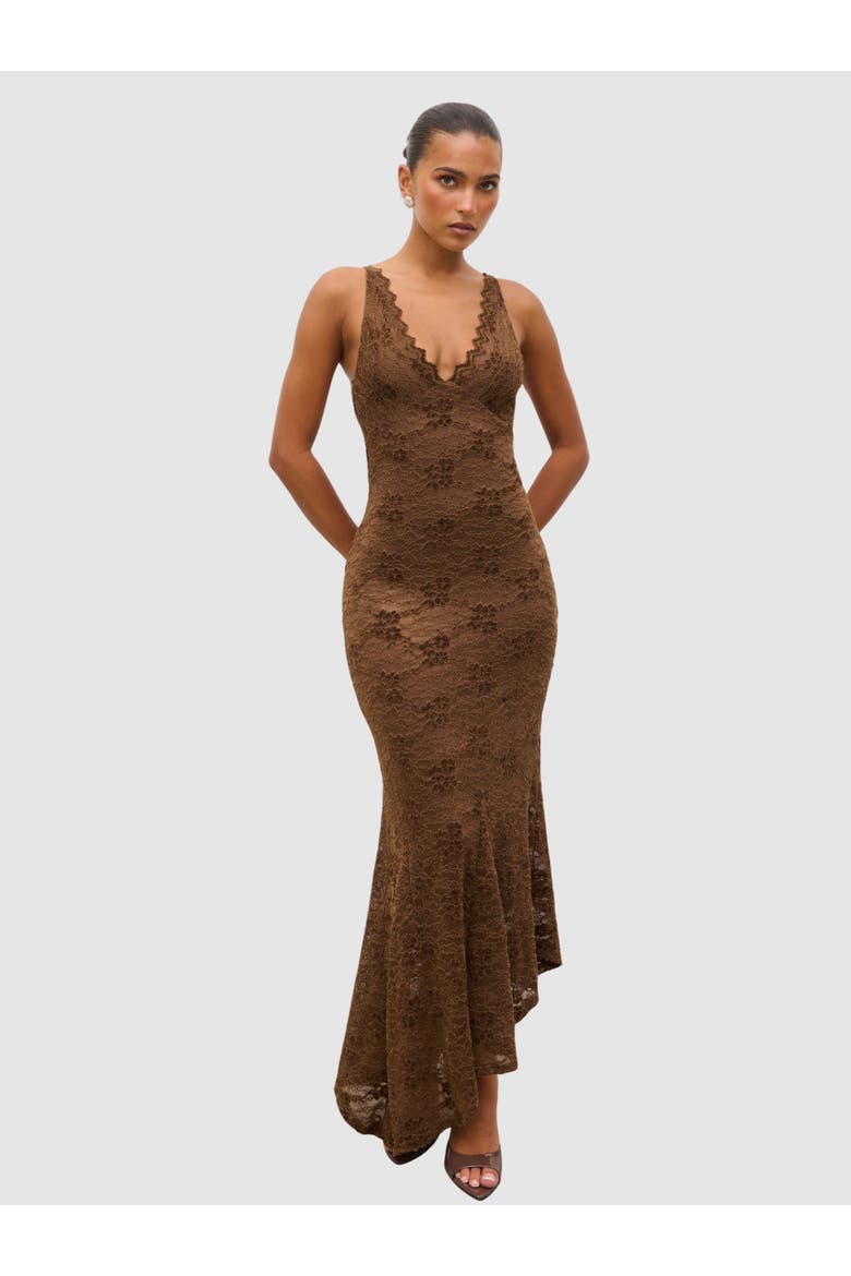 Zoey Floral Lace Maxi Dress, Main, color, Brown