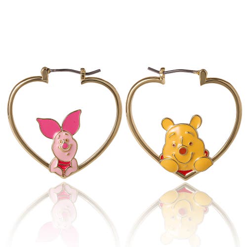 Disney Winnie The Pooh And Piglet Mismatched Heart Hoop Earrings In Gold