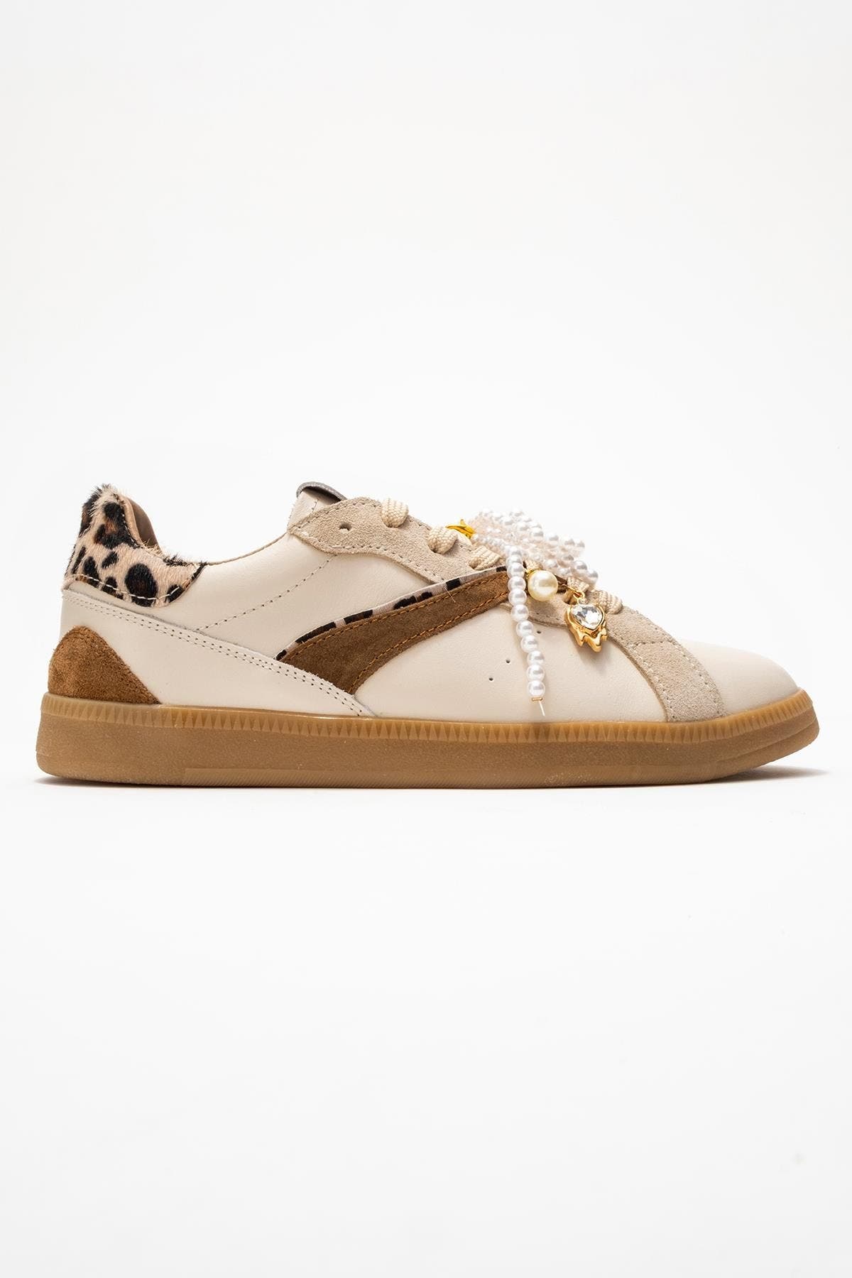 Taren Leather Pearl Buckle Sneakers, Alternate, color, Beige Leather
