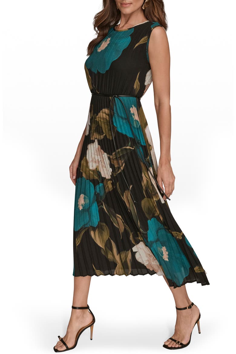 Floral Pleated Tie Belt Georgette Cocktail Dress, Alternate, color, MIDNIGHT GREEN