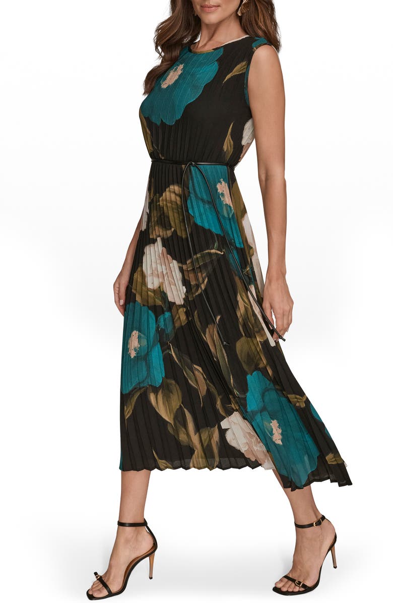 Donna Karan New York Floral Pleated Tie Belt Georgette Cocktail Dress, Alternate, color, Midnight Green