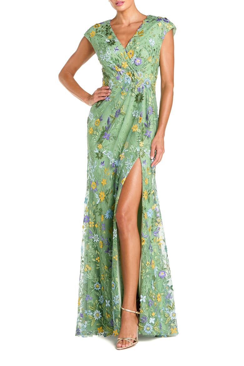 Faux Wrap Embroidered Cap Sleeve Gown, Main, color, Sage