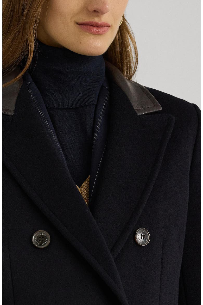 Faux Leather Trim Double Breasted Wool Blend Reefer Coat, Alternate, color, REGAL NAVY