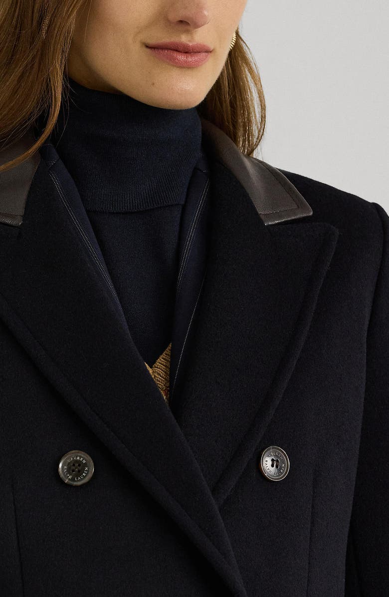 Lauren Ralph Lauren Faux Leather Trim Double Breasted Wool Blend Reefer Coat, Alternate, color, Regal Navy