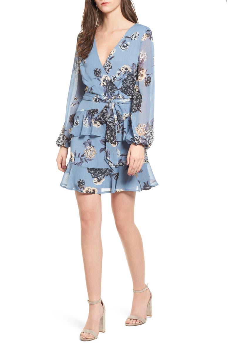 Tiered Wrap Dress, Main, color, BLUE PRINT