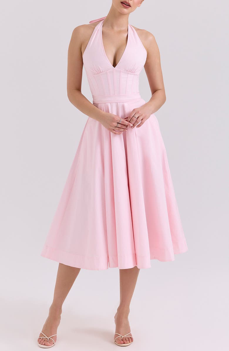 HOUSE OF CB Allena Halter Stretch Cotton Midi Sundress, Main, color, Icy Pink