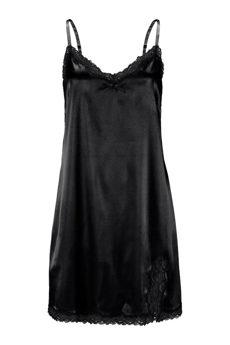 Lace Trim Satin Nightgown, Alternate, color, Black