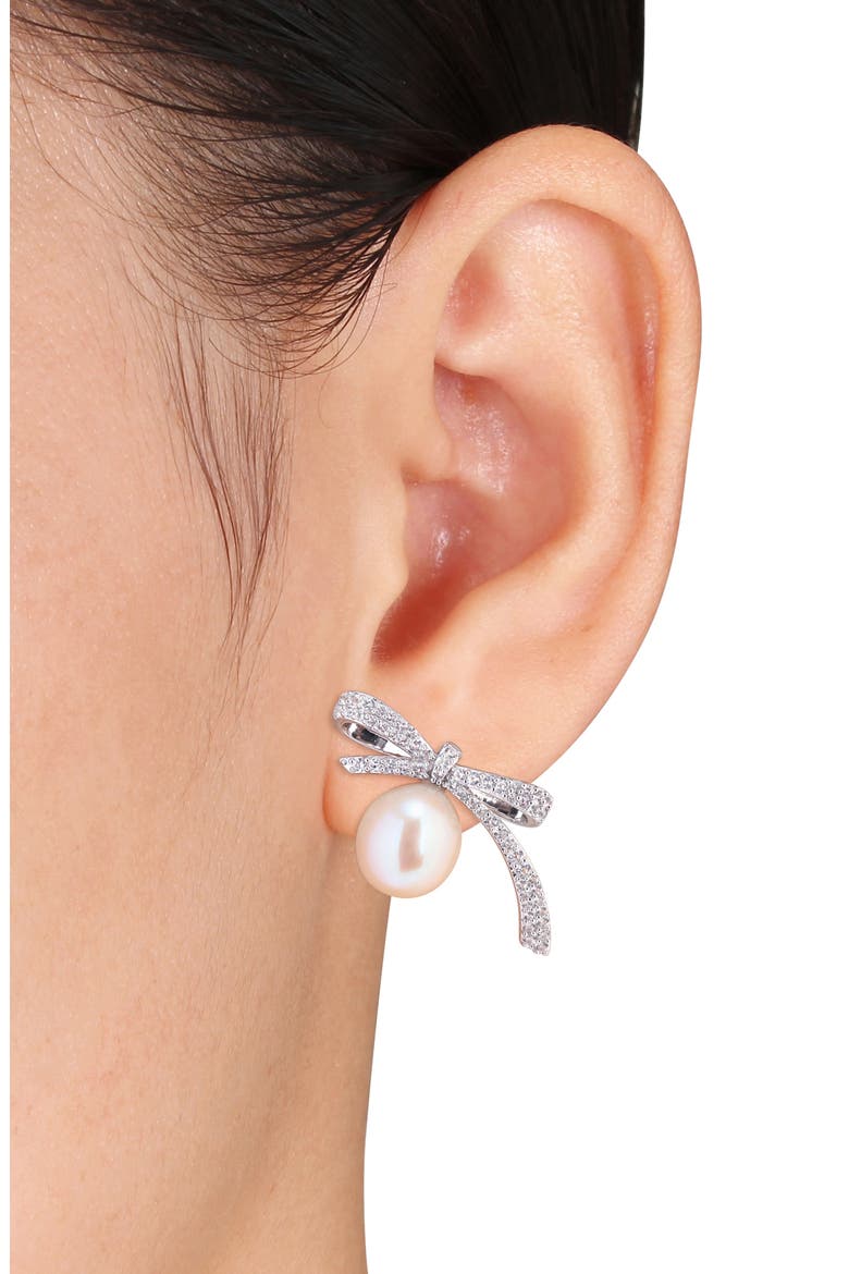 Lab Created White Sapphire & Cultured Freshwater Pearl Bow Earrings, Alternate, color, WHITE GOLD
