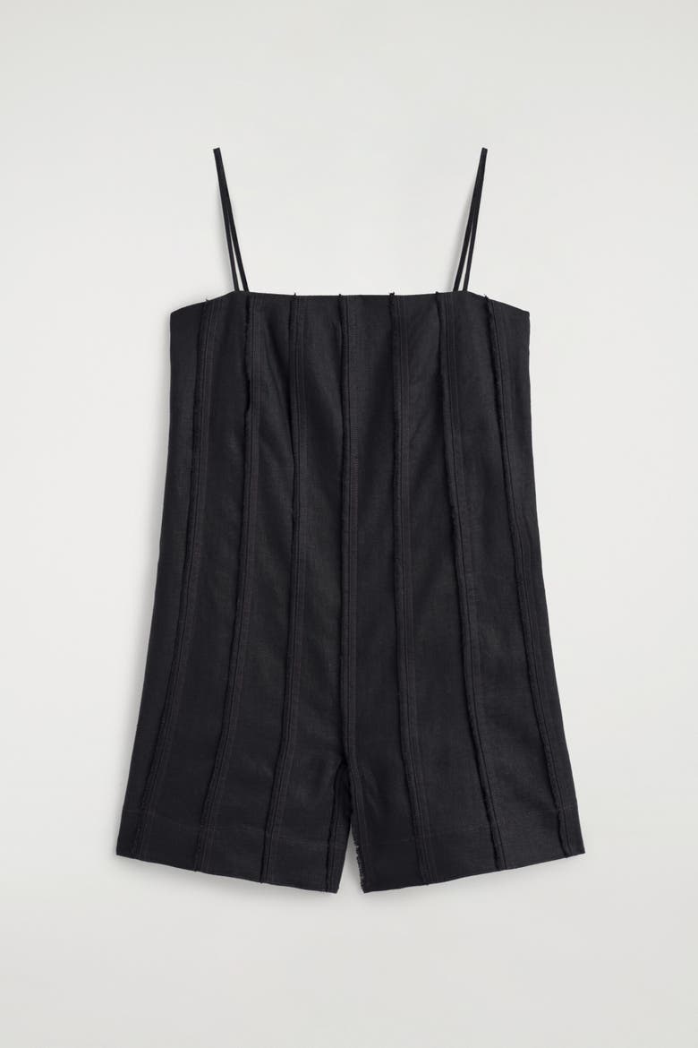 Sculpted Pleated Linen Romper, Alternate, color, BLACK